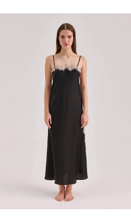 Lace Detailed Straight Neck Midi Dress with Slit
