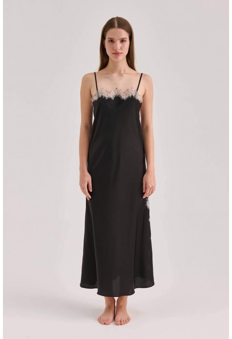 Lace Detailed Straight Neck Midi Dress with Slit