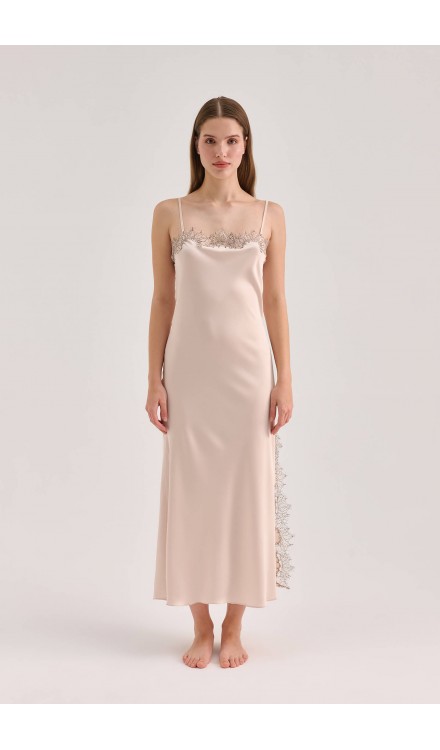 Lace Detailed Straight Neck Midi Dress with Slit