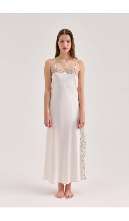 Lace Detailed Straight Neck Midi Dress with Slit
