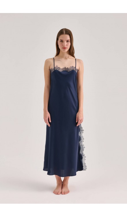 Lace Detailed Straight Neck Midi Dress with Slit