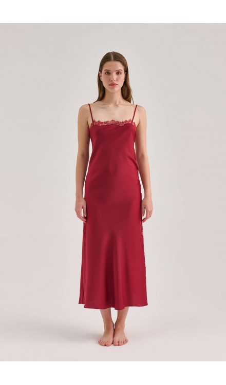 Lace Detailed Straight Neck Midi Dress with Slit