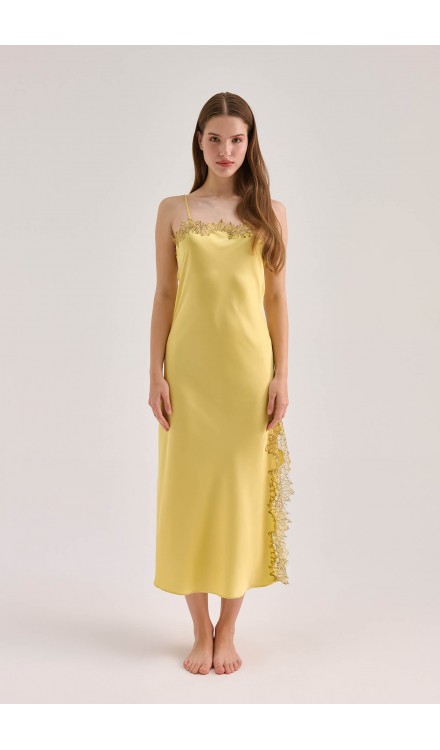 Lace Detailed Straight Neck Midi Dress with Slit