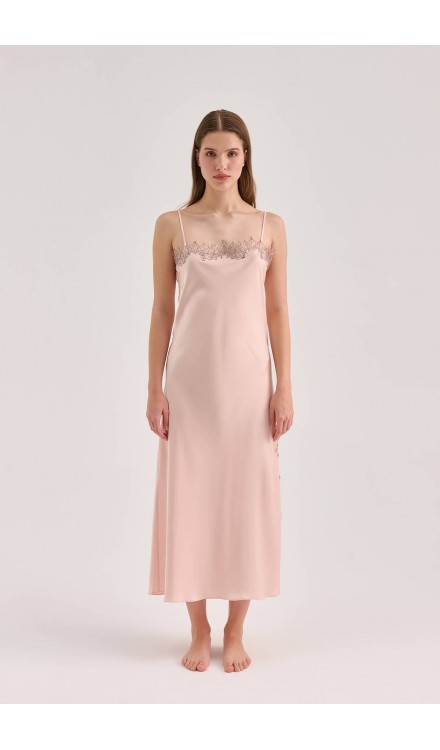 Lace Detailed Straight Neck Midi Dress with Slit