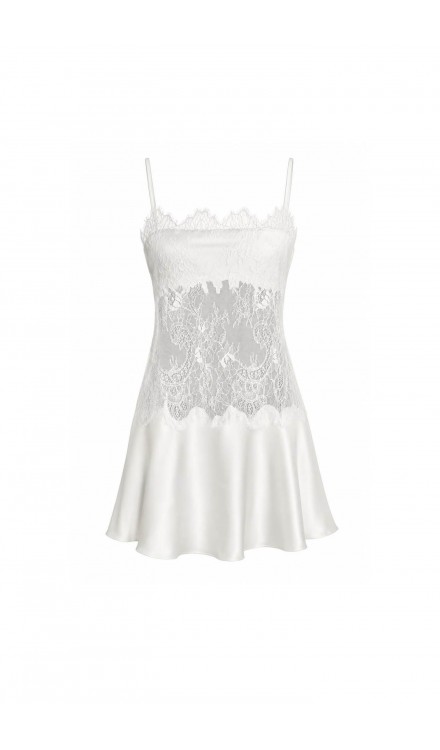 CLARA, IN LACE Straight-Neck Silk Mini Dress with Lace Trim & Flounced Skirt