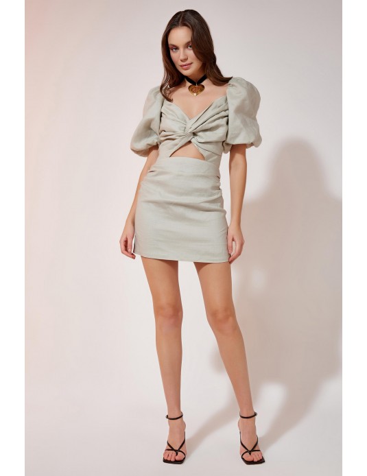 Balloon Sleeve Mini Linen Dress
