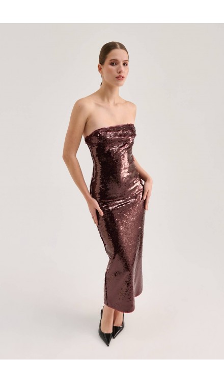 Full Sequined Strapless Midi Dress
