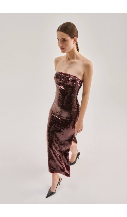 Full Sequined Strapless Midi Dress