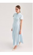 Structured Sleeve Button-Front Fitted Midi Flared Dress