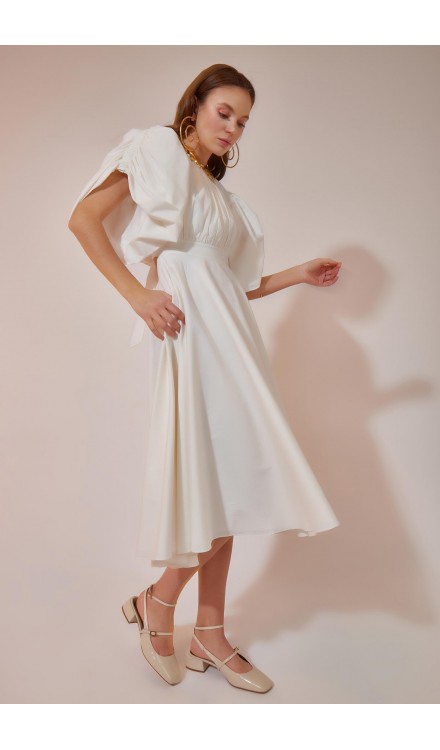 Drawstring Detailed Poplin Mid-Length Dress