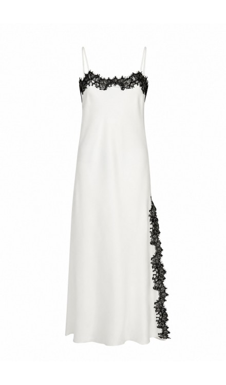 Silk Straight Neck Lace Midi Dress with Slit 
