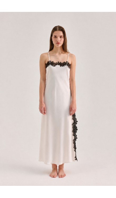 Silk Straight Neck Lace Midi Dress with Slit 